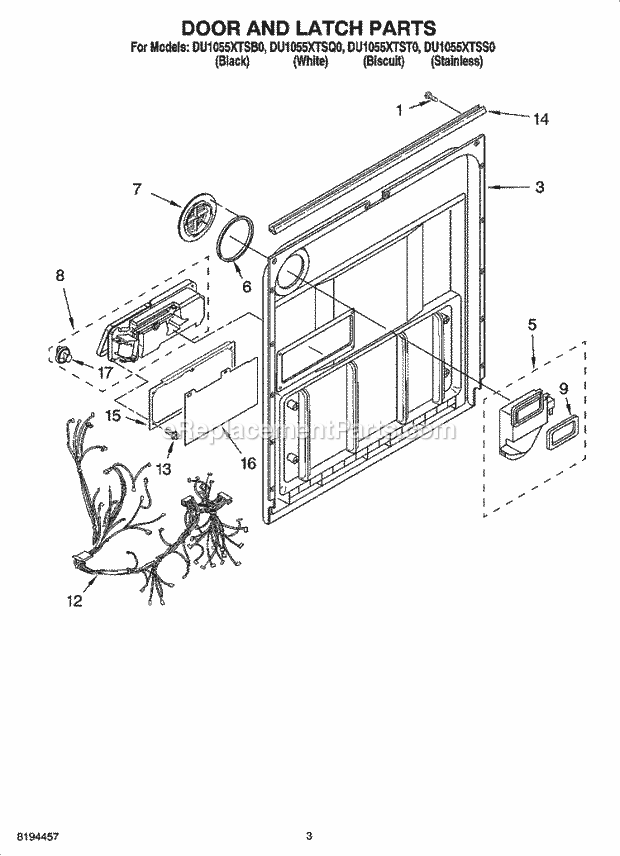Whirlpool DU1055XTSQ0 Dishwasher Door And Latch Parts Diagram