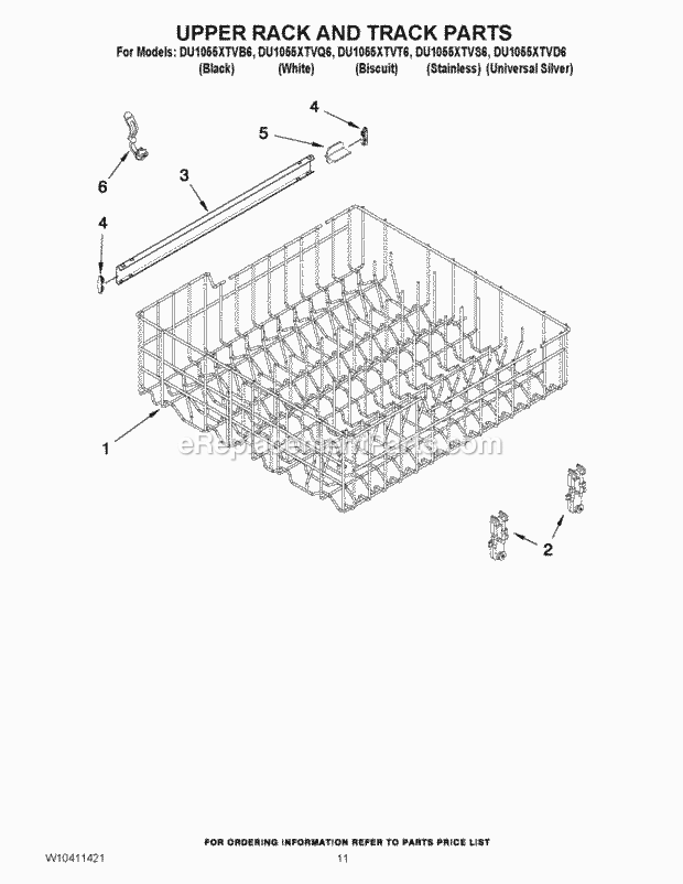 Whirlpool DU1055XTVB6 Undercounter Dishwasher Upper Rack and Track Parts Diagram