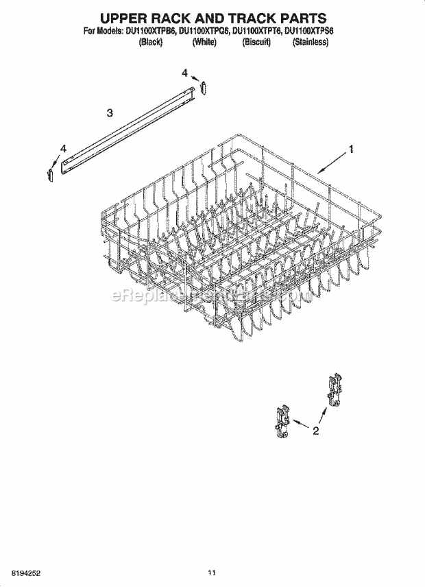 Whirlpool DU1100XTPS6 Dishwasher Upper Rack And Track Parts Diagram