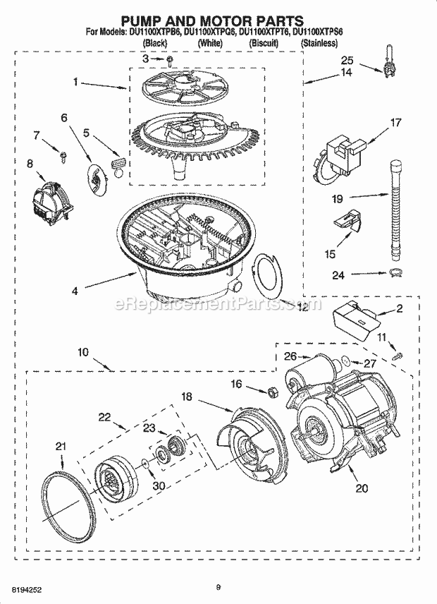 Whirlpool DU1100XTPS6 Dishwasher Tub And Frame Parts Diagram