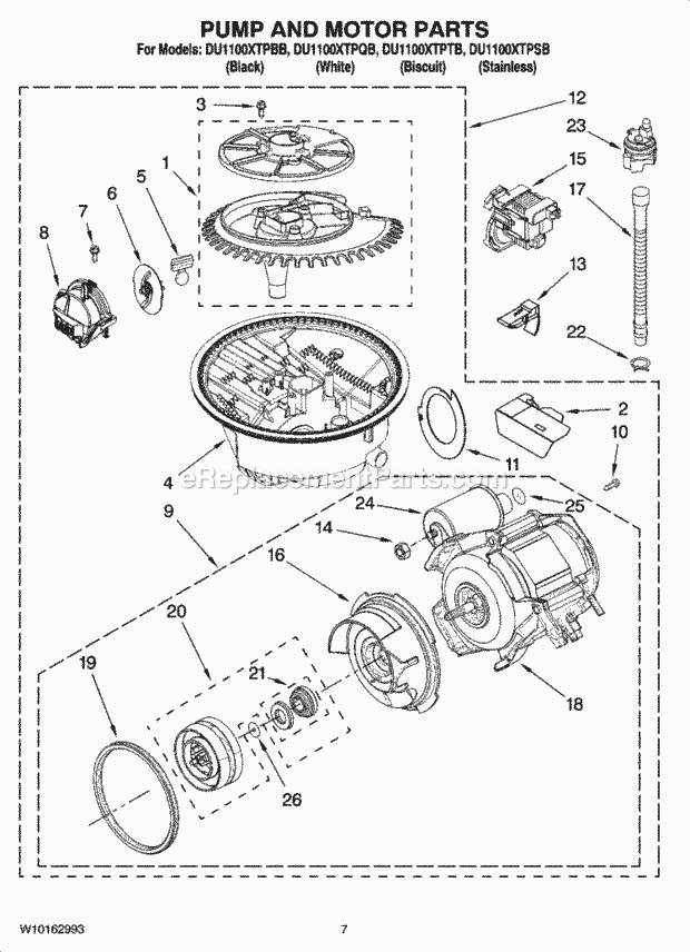 Whirlpool DU1100XTPSB Dishwasher Pump And Motor Parts Diagram