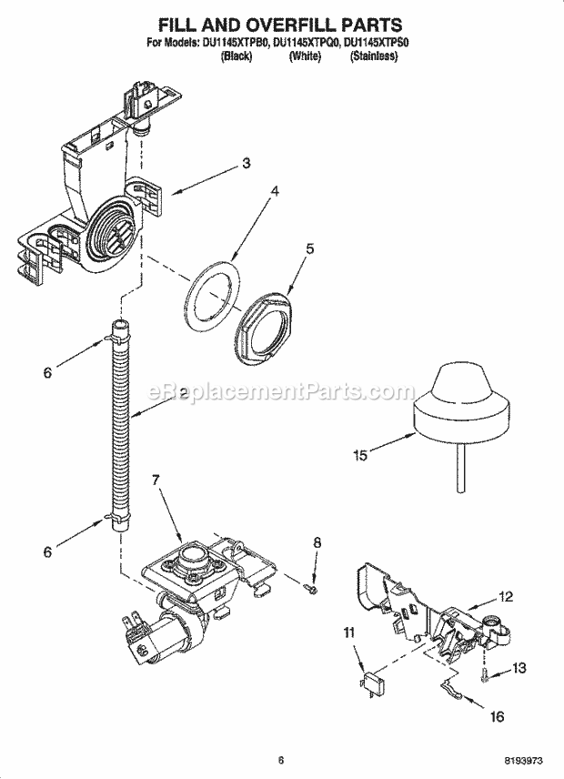 Whirlpool DU1145XTPB0 Dishwasher Upper Rack And Track Parts Diagram