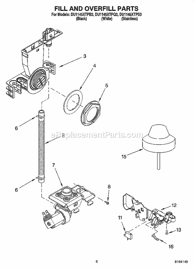 Whirlpool DU1145XTPB3 Dishwasher Upper Rack And Track Parts Diagram