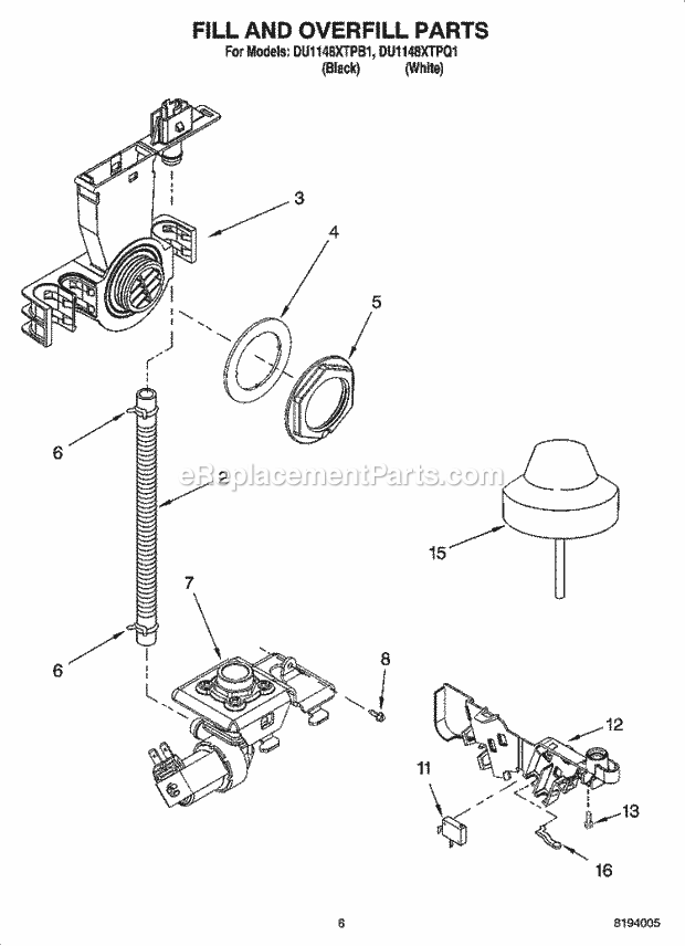 Whirlpool DU1148XTPQ1 Dishwasher Pump And Motor Parts Diagram