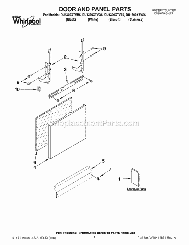 Whirlpool DU1300XTVB6 Undercounter Dishwasher Door and Panel Parts Diagram