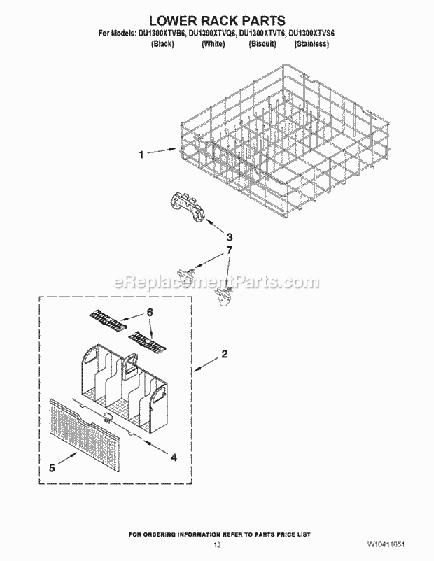 Whirlpool DU1300XTVB6 Undercounter Dishwasher Lower Rack Parts Diagram