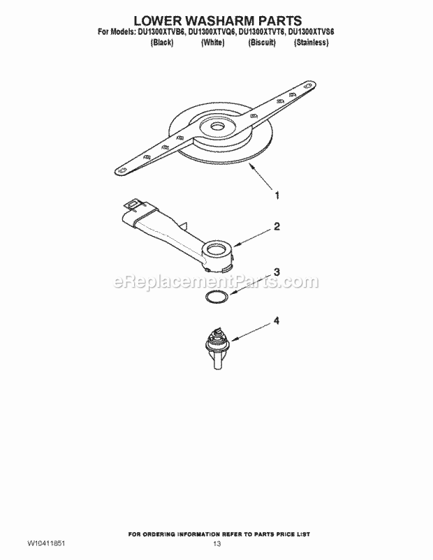 Whirlpool DU1300XTVB6 Undercounter Dishwasher Lower Washarm Parts Diagram