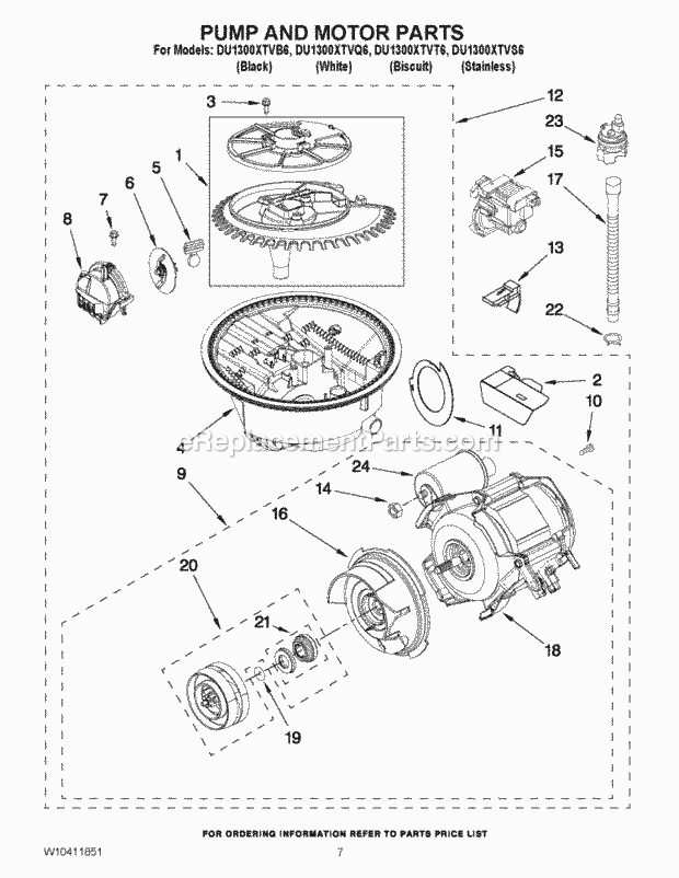 Whirlpool DU1300XTVB6 Undercounter Dishwasher Pump and Motor Parts Diagram