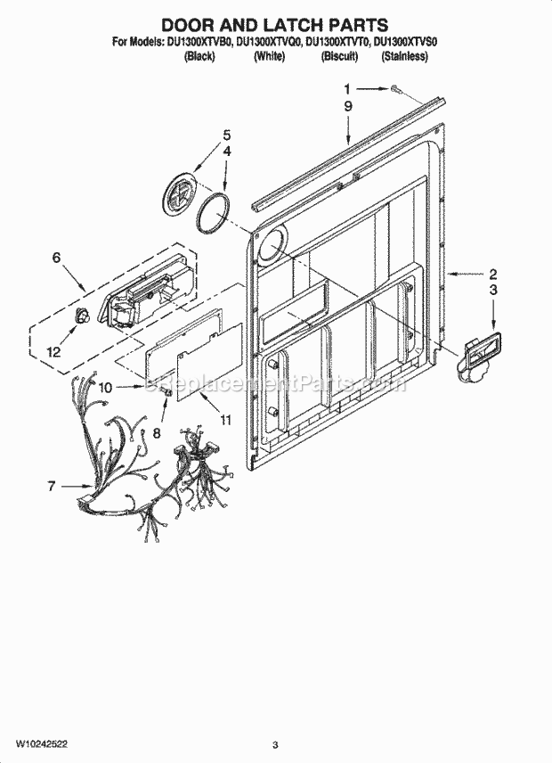 Whirlpool DU1300XTVT0 Dishwasher Upper Rack And Track Parts Diagram