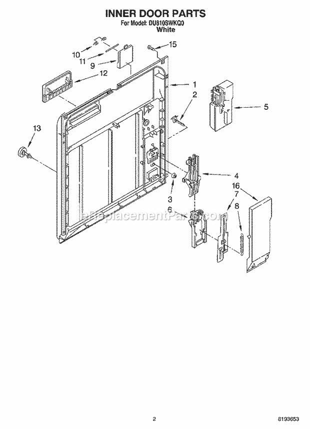 Whirlpool DU810SWKQ0 Dishwasher Tub Assembly Diagram