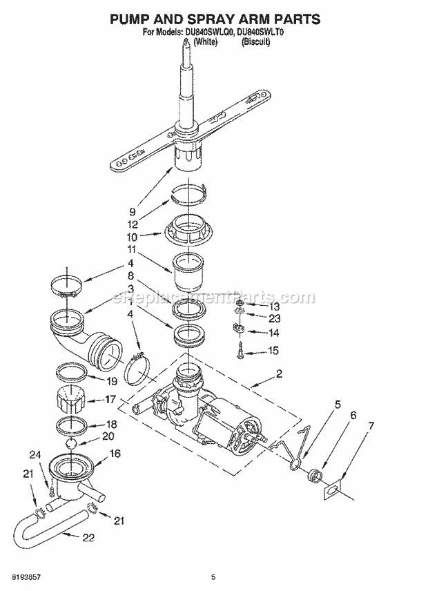 Whirlpool DU840SWLQ0 Dishwasher Pump And Motor Parts Diagram