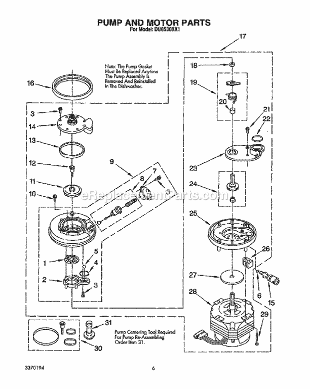 Whirlpool DU8530XX1 Dishwasher Tub Assembly Diagram