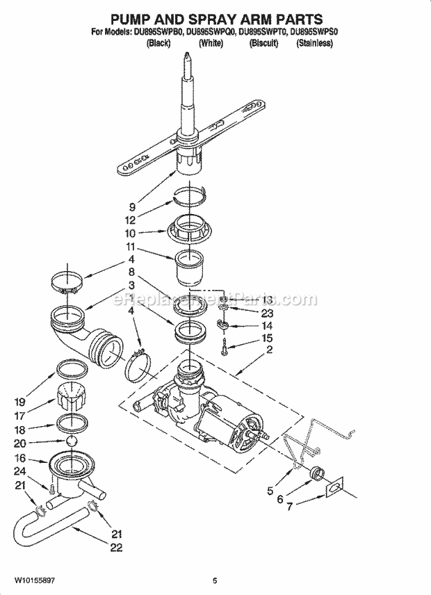 Whirlpool DU895SWPB0 Dishwasher Pump and Spray Arm Parts Diagram