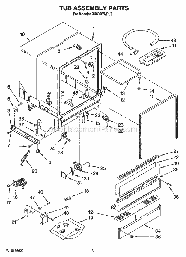 Whirlpool DU895SWPU0 Dishwasher Tub Assembly Parts Diagram