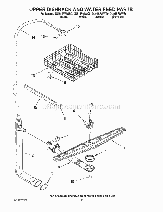Whirlpool DU915PWWB0 Under Counter Dishwasher Upper Dishrack and Water Feed Parts Diagram