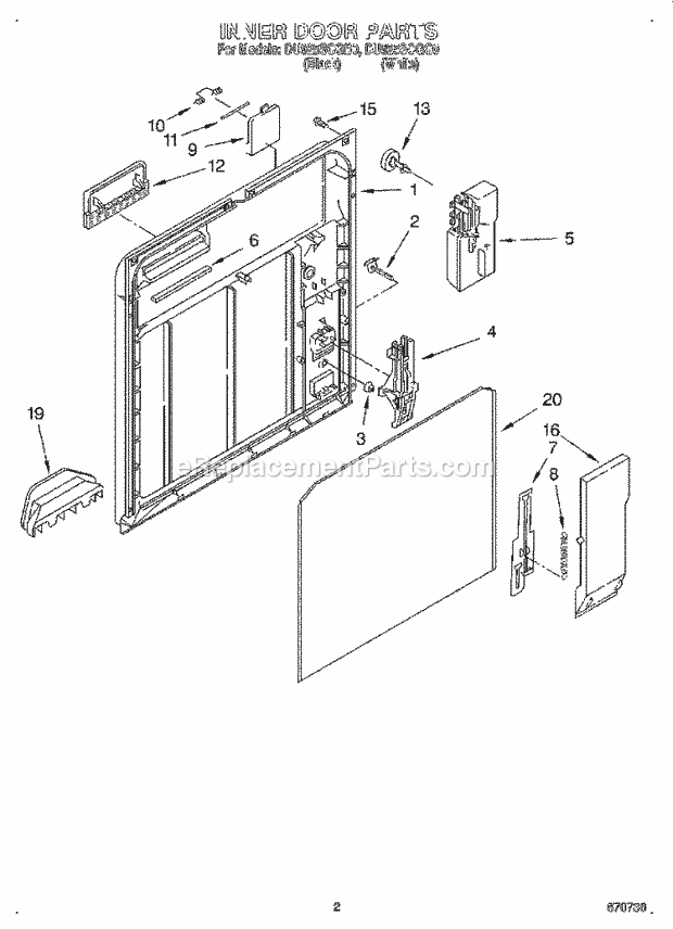 Whirlpool DU925SCGB0 Under Counter Dishwasher Inner Door Diagram