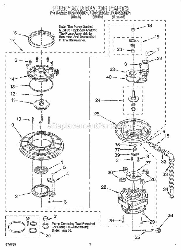 Whirlpool DU925SCGB1 Under Counter Dishwasher Pump and Motor Diagram