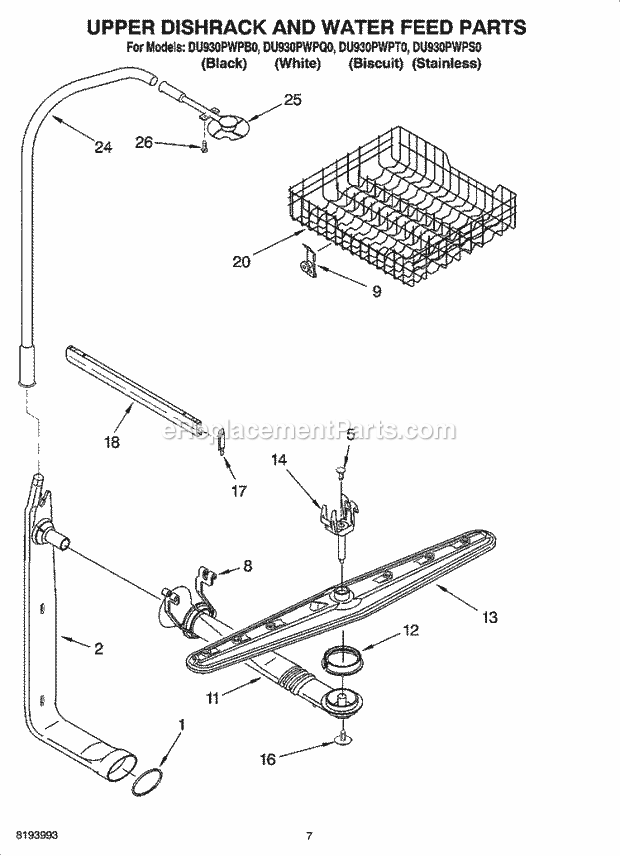 Whirlpool DU930PWPB0 Dishwasher Upper Dishrack And Water Feed Parts Diagram