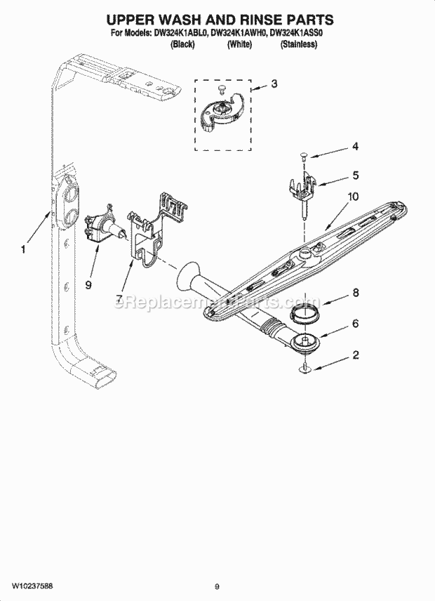 Whirlpool DW324K1AWH0 Undercounter Dishwasher Upper Wash and Rinse Parts Diagram