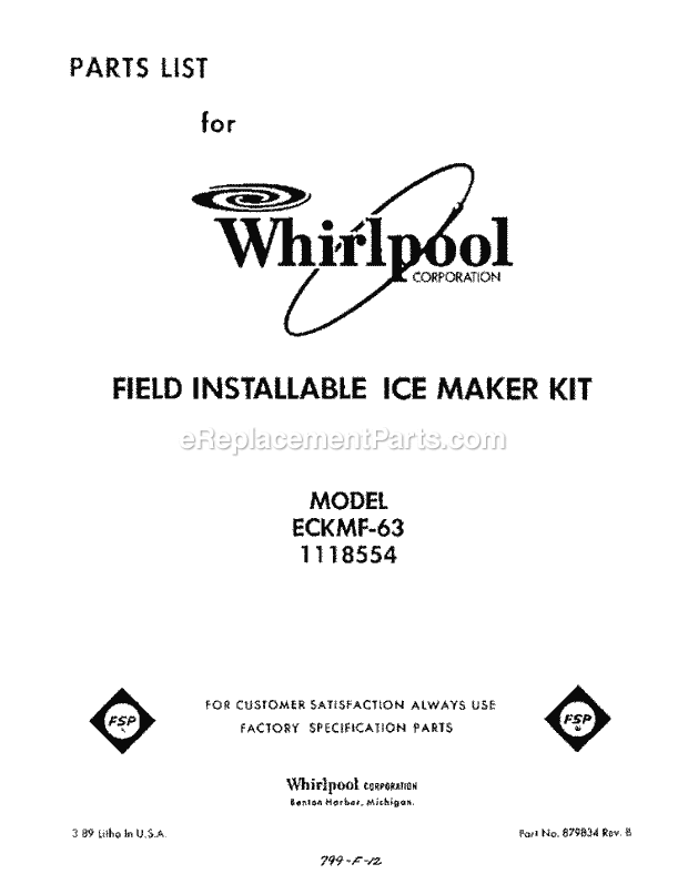 Whirlpool ECKMF63 Ice Maker Kit Page B Diagram