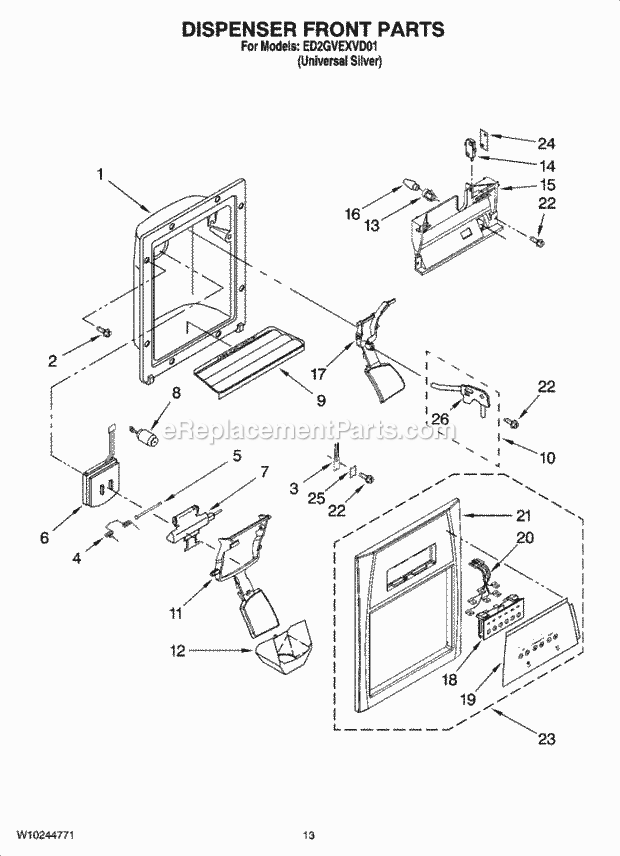 Whirlpool ED2GVEXVD01 Side-By-Side Refrigerator Dispenser Front Parts Diagram