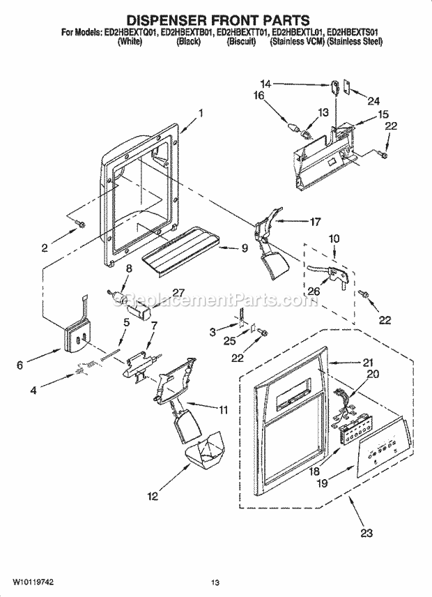 Whirlpool ED2HBEXTT01 Side-By-Side Refrigerator Dispenser Front Parts Diagram