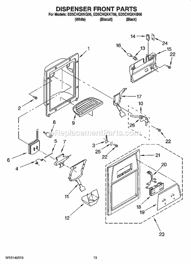 Whirlpool ED5CHQXKT06 Side-By-Side Refrigerator Dispenser Front Parts Diagram