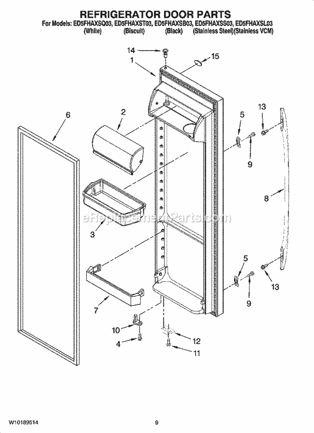 Whirlpool ED5FHAXSL03 Side-By-Side Refrigerator Refrigerator Door Parts Diagram