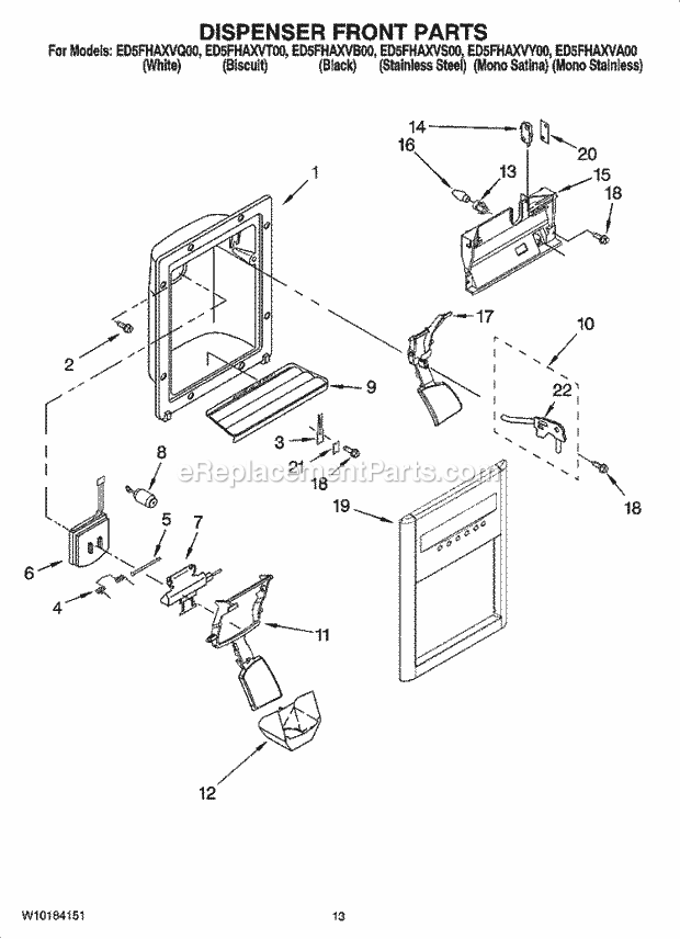 Whirlpool ED5FHAXVA00 Side-By-Side Refrigerator Dispenser Front Parts Diagram