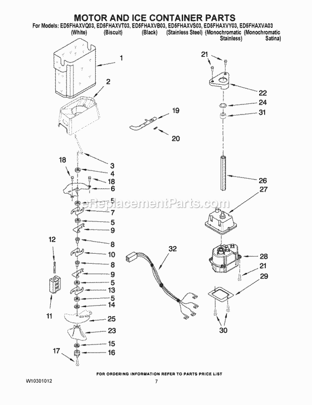 Whirlpool ED5FHAXVA03 Side-By-Side Refrigerator Motor and Ice Container Parts Diagram