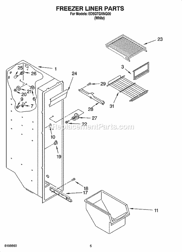 Whirlpool ED5GTGXNQ00 Side-By-Side Refrigerator Freezer Liner Parts Diagram