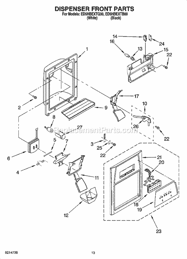 Whirlpool ED5HBEXTB00 Side-By-Side Refrigerator Dispenser Front Parts Diagram