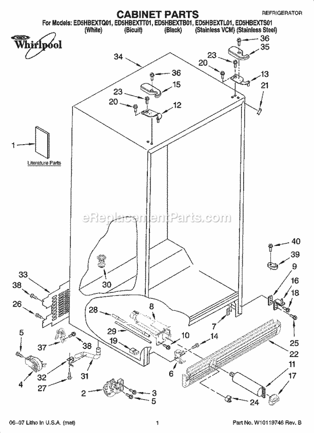 Whirlpool ED5HBEXTQ01 Side-By-Side Refrigerator Cabinet Parts Diagram