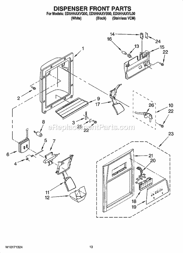 Whirlpool ED5HHAXVB00 Side-By-Side Refrigerator Dispenser Front Parts Diagram