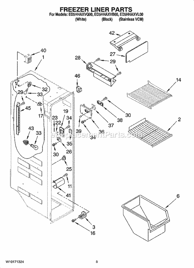 Whirlpool ED5HHAXVB00 Side-By-Side Refrigerator Freezer Liner Parts Diagram