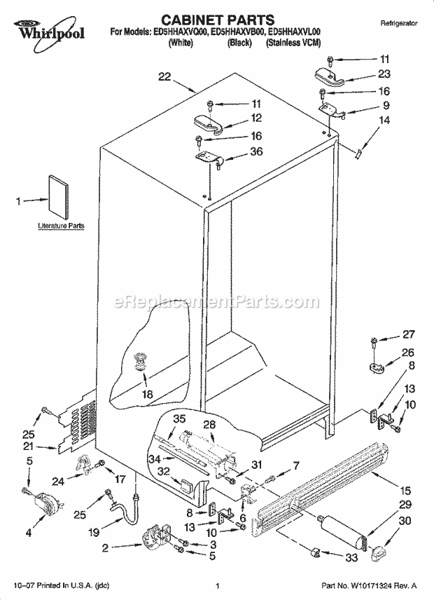 Whirlpool ED5HHAXVL00 Side-By-Side Refrigerator Cabinet Parts Diagram