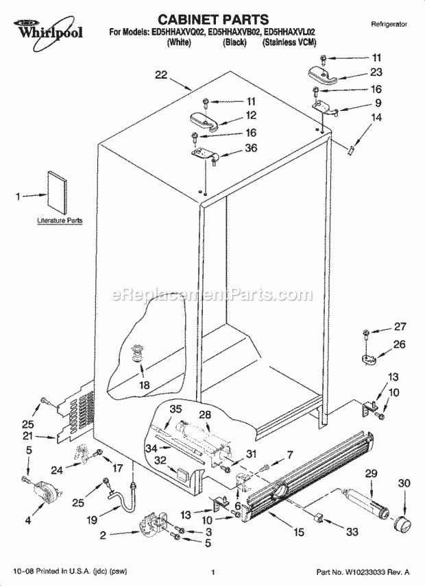 Whirlpool ED5HHAXVL02 Side-By-Side Refrigerator Cabinet Parts Diagram