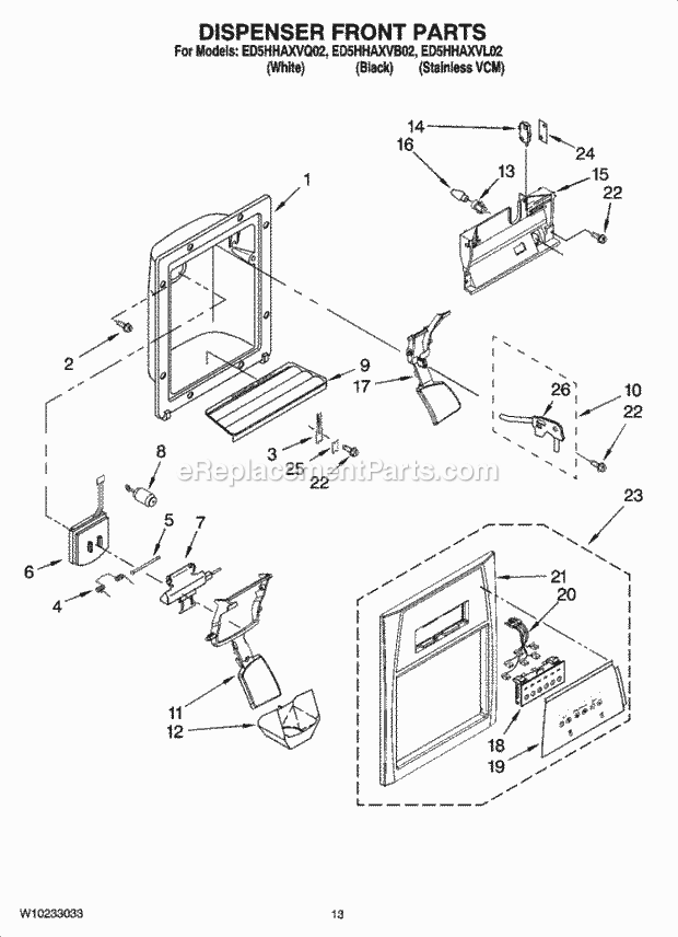 Whirlpool ED5HHAXVL02 Side-By-Side Refrigerator Dispenser Front Parts Diagram