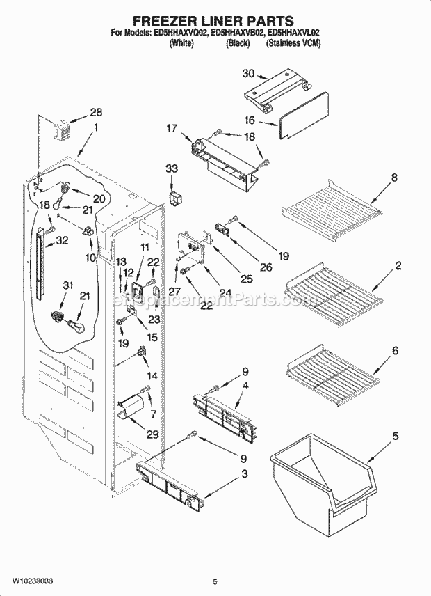 Whirlpool ED5HHAXVL02 Side-By-Side Refrigerator Freezer Liner Parts Diagram