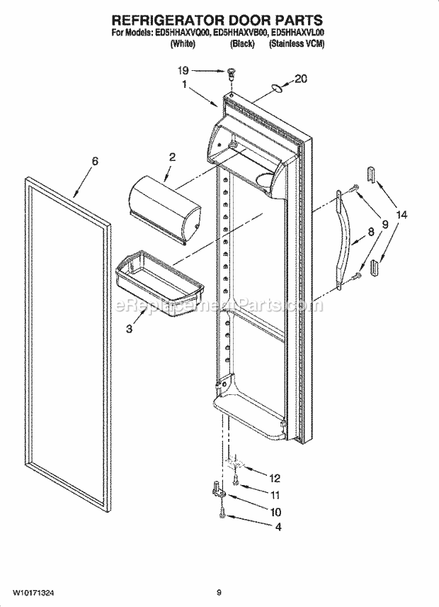 Whirlpool ED5HHAXVQ00 Side-By-Side Refrigerator Refrigerator Door Parts Diagram