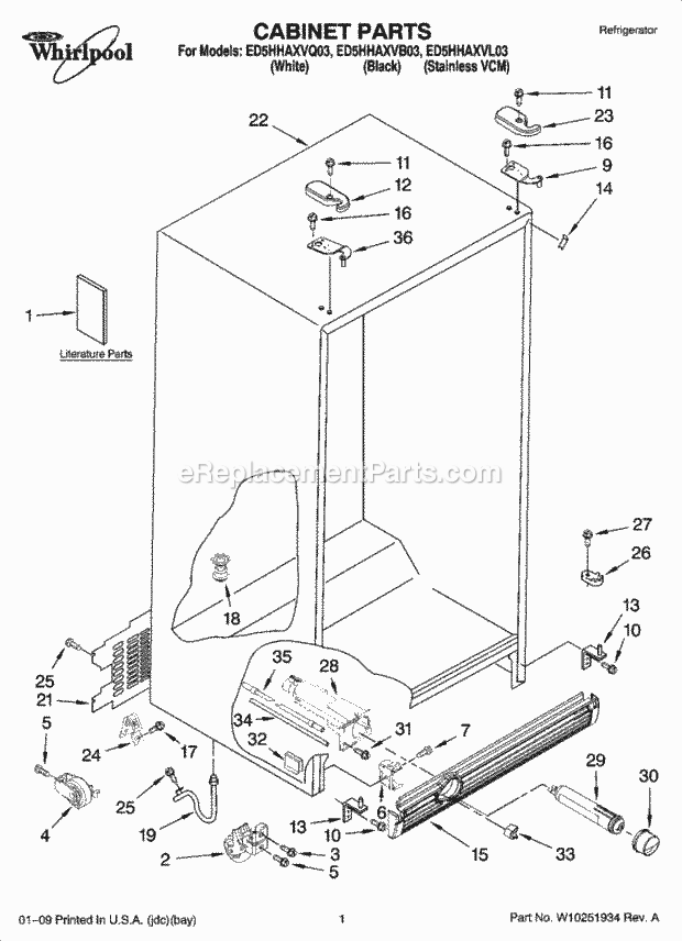 Whirlpool ED5HHAXVQ03 Side-By-Side Refrigerator Cabinet Parts Diagram