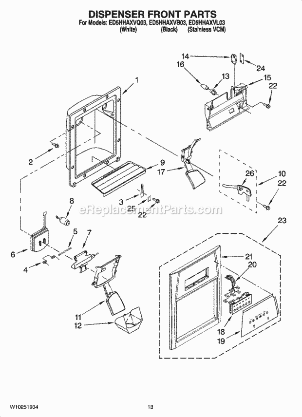 Whirlpool ED5HHAXVQ03 Side-By-Side Refrigerator Dispenser Front Parts Diagram