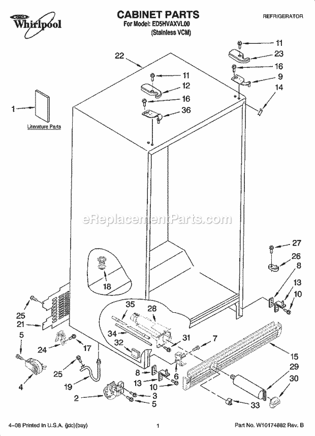 Whirlpool ED5HVAXVL00 Side-By-Side Refrigerator Cabinet Parts Diagram