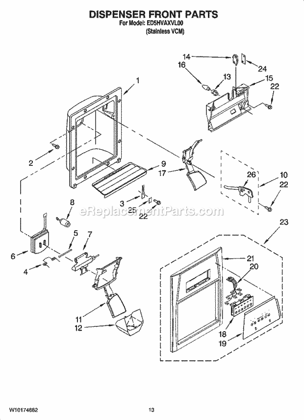 Whirlpool ED5HVAXVL00 Side-By-Side Refrigerator Dispenser Front Parts Diagram