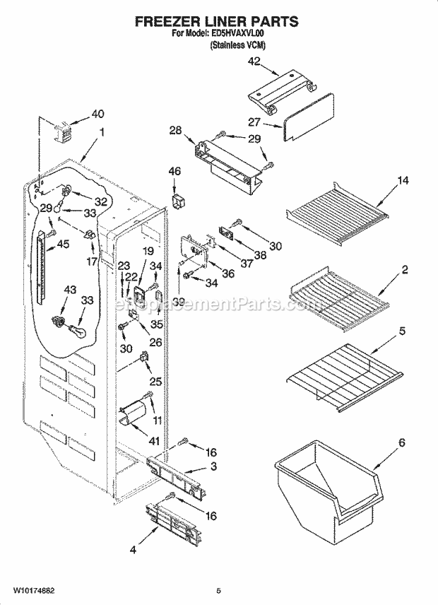 Whirlpool ED5HVAXVL00 Side-By-Side Refrigerator Freezer Liner Parts Diagram