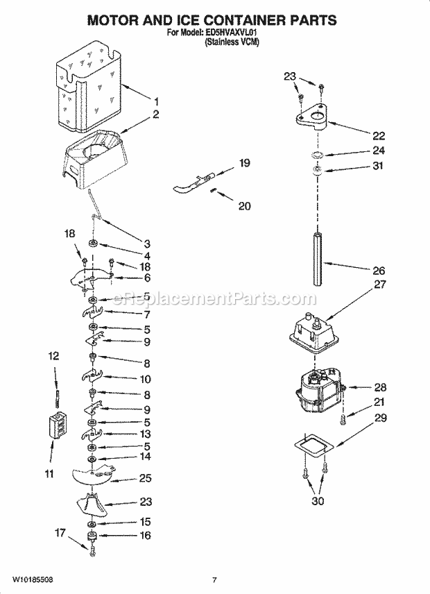 Whirlpool ED5HVAXVL01 Side-By-Side Refrigerator Motor and Ice Container Parts Diagram