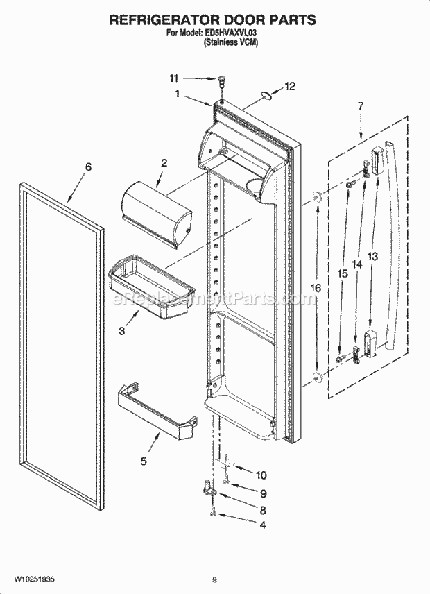 Whirlpool ED5HVAXVL03 Side-By-Side Refrigerator Refrigerator Door Parts Diagram