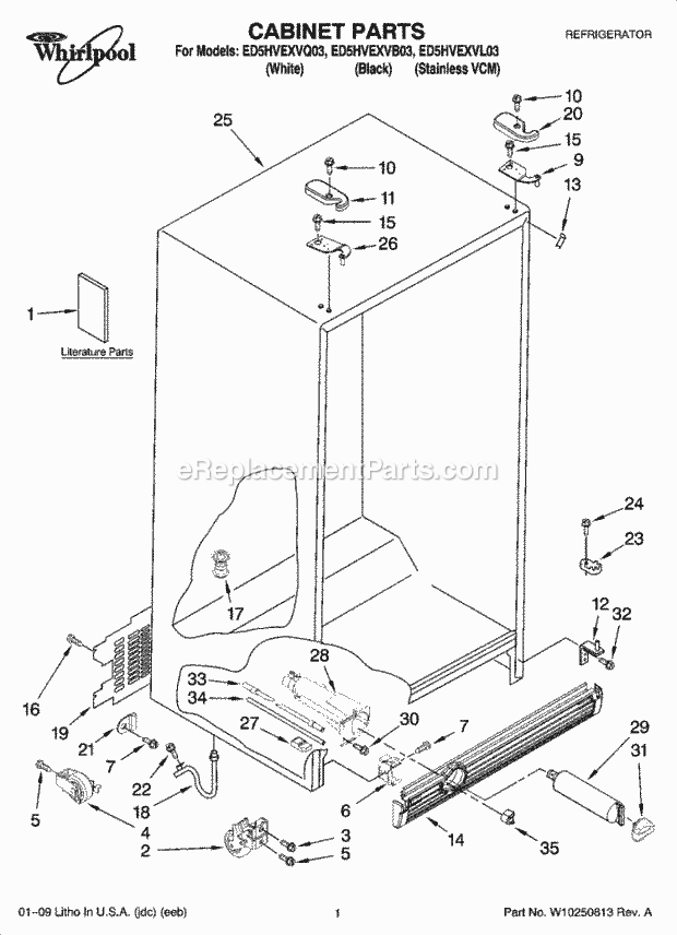 Whirlpool ED5HVEXVL03 Side-By-Side Refrigerator Cabinet Parts Diagram