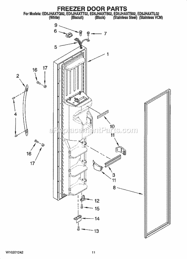 Whirlpool ED5JHAXTS02 Side-By-Side Refrigerator Freezer Door Parts Diagram