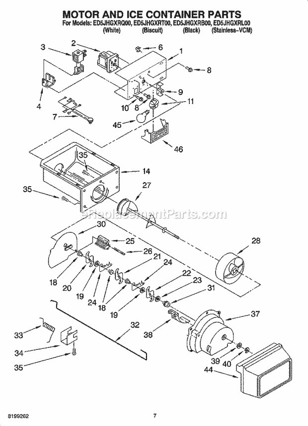 Whirlpool ED5JHGXRT00 Side-By-Side Refrigerator Motor and Ice Container Parts Diagram